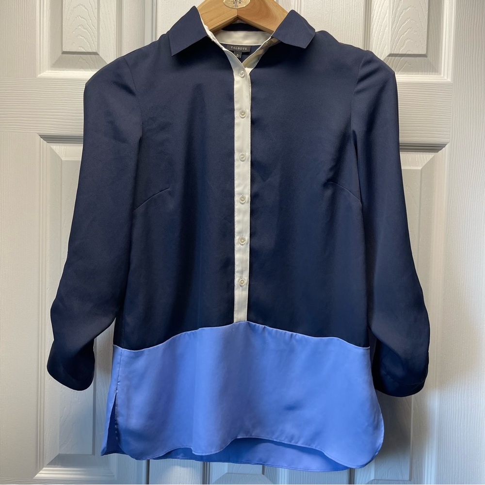 Talbots Women’s Color Block Button Down Blouse Long Sleeves W/ Roll Tabs Sz.S